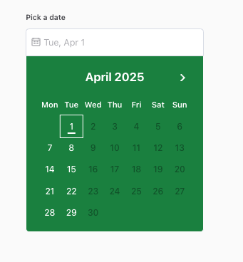 Availability calendar showing available dates for April